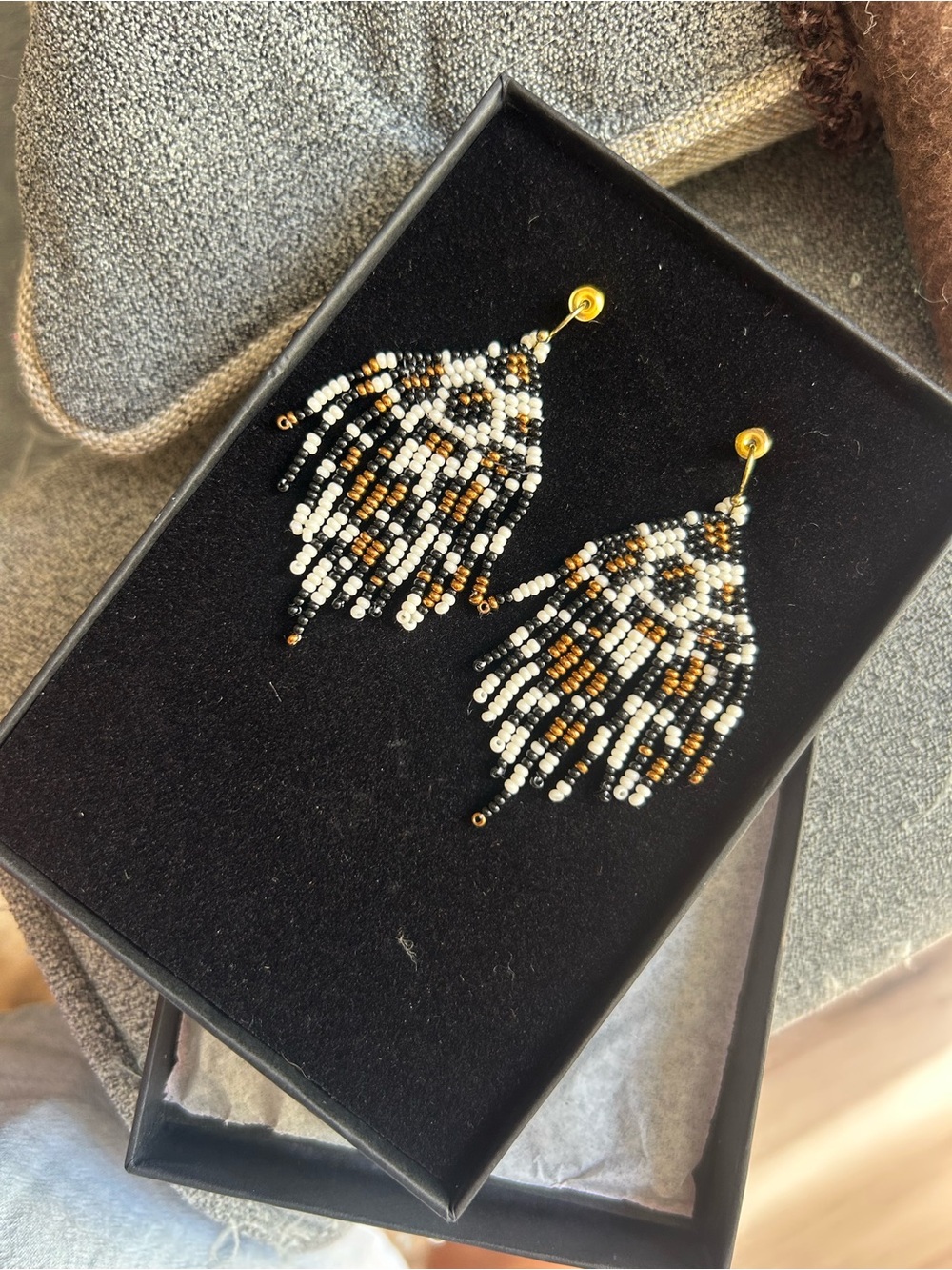 Black White and Gold Beaded Fringe Earrings. Never worn-brand America and Beyond